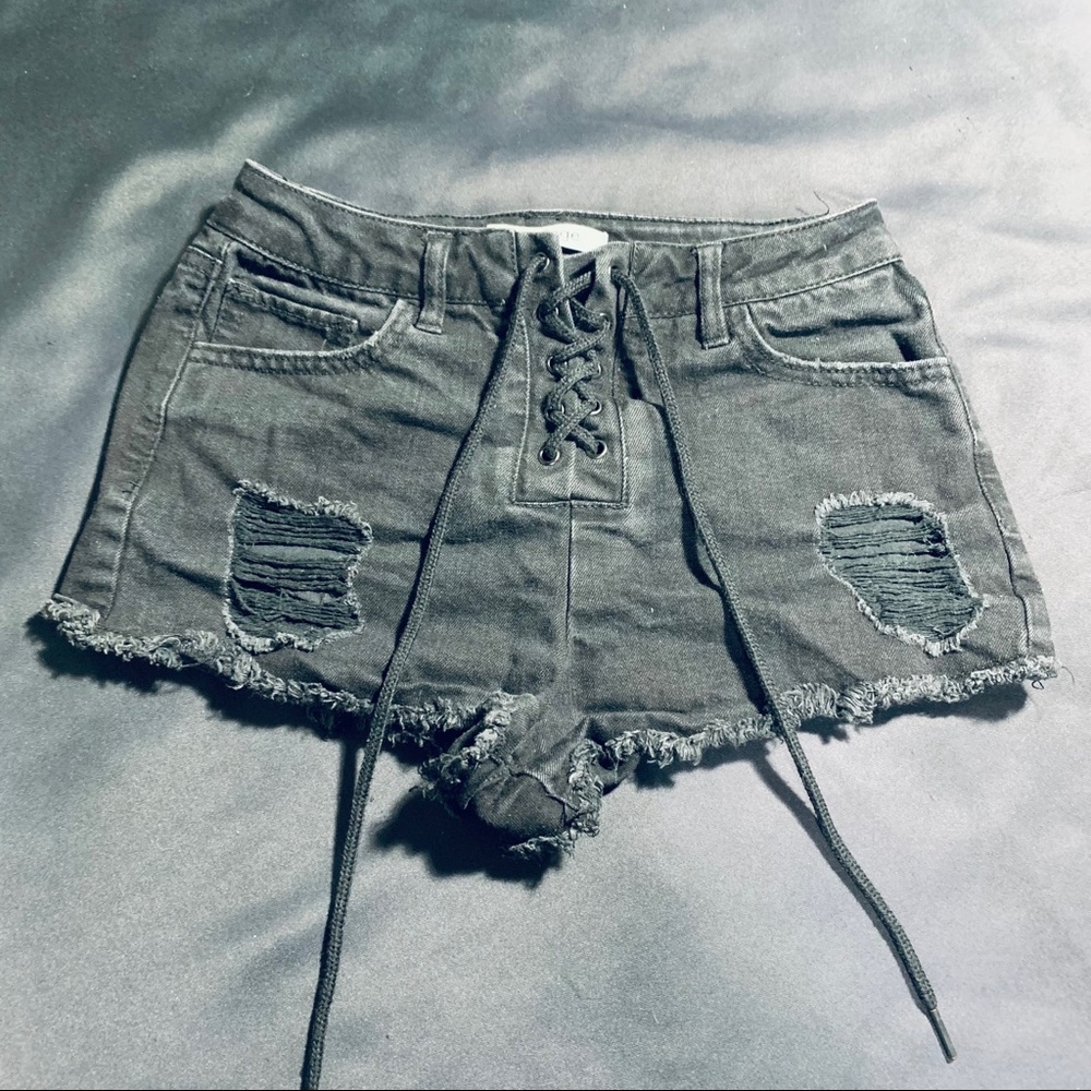 Black Distressed Lace up Denim Shorts